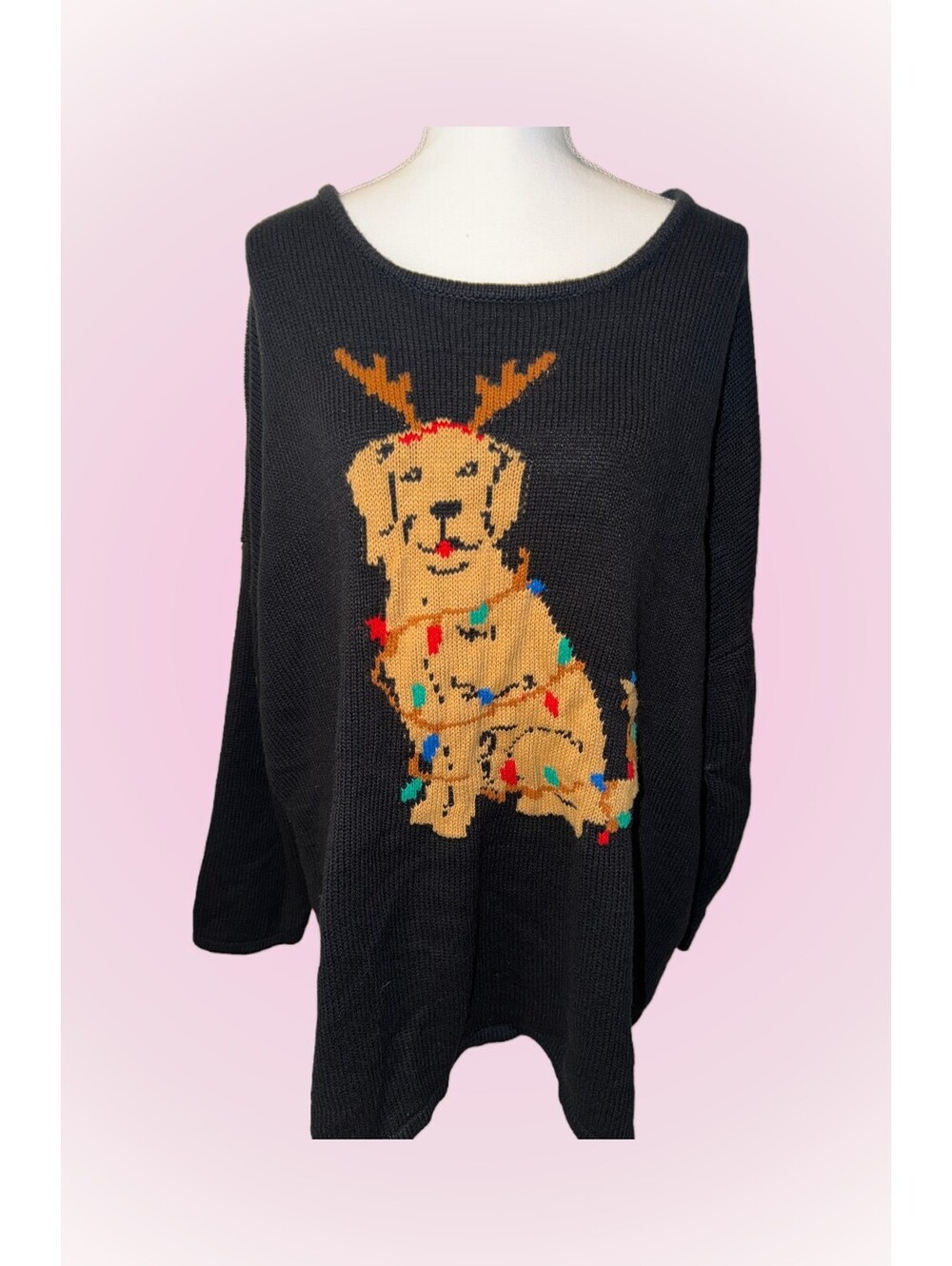Womens 3X 30/32 Black Knit Pullover Sweater | Christmas Dog | Woman Within